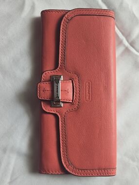 Coach Coral-Pink Leather Wallet with Silver Turnlock
